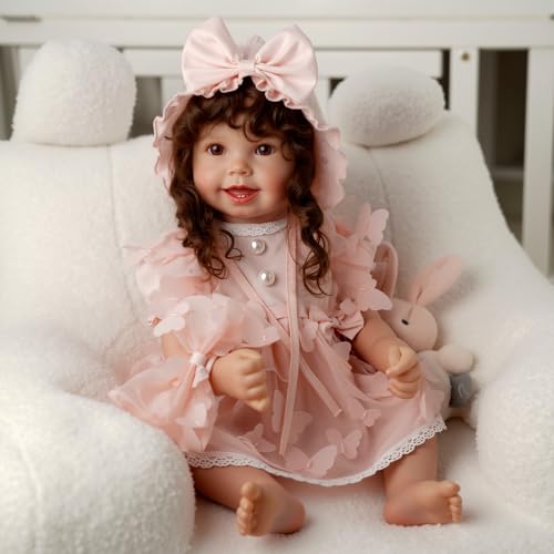 BABESIDE 4 Pcs Reborn Baby Doll Clothes Set for 17-22 Inch Babydolls, Pink Bow Dolls Dress with Hat Headband and Reusable Diaper for Realistic Baby Doll Accessories