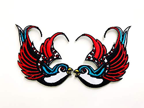Th Set 2 Pcs. Cute Bird Tattoo Swallow Dove Sparrow Logo Jacket T-Shirt Sew Iron On Embroidered Applique Badge Sign Patch Clothing Etc. (Iron-Bird-Swallow-Pair) #TOP21