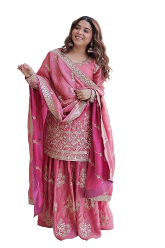 Image of Women's Embroidered Kurta Sharara Set with Dupatta | Designer Indian Ethnic Suit | Festive, Wedding, Engagement & Party Outfit for Women