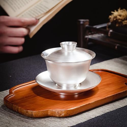Gaiwan de porcelana hecho a mano con plata 999 pura taza infusora té de gran tamaño 3