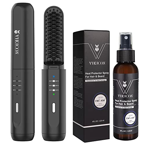 VIKICON Father&amp;#39;s Day Gift Set for Men with Beard Hair Straightener &amp; Heat Protectant Spray, Mini &amp; Auto Shut Off Cordless Beard Brush