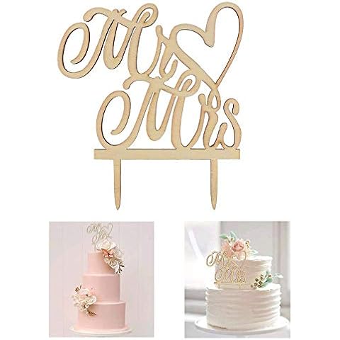 UINOEU Wedding Cake Toppers, Mr and Mrs Cake Topper Personalised Cake Topper Wooden Cupcake Toppers with Heart Shape for Wedding Engagement Valentine Anniversaries Cake Decoration 5x5.7 Inches Cover