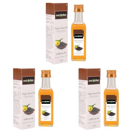 Image of nutndiet Cold Pressed Niger Seed Oil, Heart Healthy Edible Ramtil ka Tel for Cooking, Body Massage and Hair Care, Glass Bottle 100ml (Pack of 3)