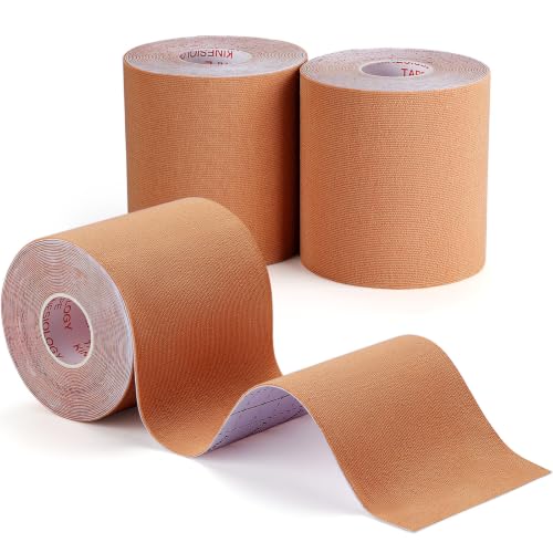 Image of 3 Rolls Kinesiology Tape, Waterproof, 3in x 5.5yd, Beige | Water-Resistant & Breathable, Latex-Free Cotton for Muscle & Joint Support During Powerlifting, Cross Training & Workouts