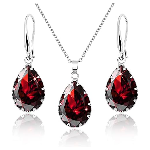 Linawe Conjuntos De Joias Cristal Rubi, Colar Com Pingente Diamante Vermelho, Brincos Pendentes Strass, Conjunto E Colares Femininos Prata, Casamento Estilo Boho, Zircônia Cúbica Em Formato Lágrima