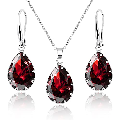 Linawe Ensemble de bijoux, ensembles de bijoux rouges pour femmes, ensemble de boucles d'oreilles suspendues en argent pour femmes, collier en chaîne,...