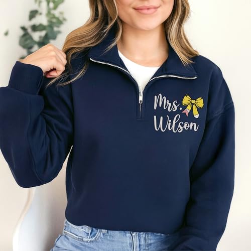 GODMERCH Custom Teacher Quarter Zip Embroidered Sweatshirt, Personalized Teacher Gifts for Christmas, Back to School2