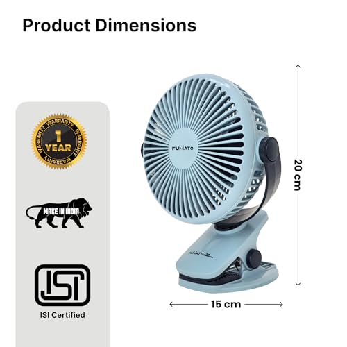Image of The Better Home Fumato Mini Personal Clip Rechargeable Fan 10 W | 3 Speed USB C Charging | BLDC Silent Motor | 2000 mAh Battery | Up to 6 Hour Backup | Pastel Blue