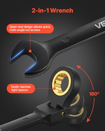 Image of VEVOR 24-piece Ratcheting Wrench Set with 180 Flex Head, Anti-Slip Tooth, Combination Wrench Sets with Organizer Box, Metric 8-19mm & SAE 1 /4-3 /4 inch, Black Electrophoretic Coating