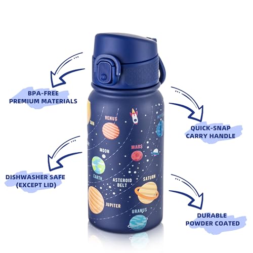 Image of GOPPUS Kids 12oz Insulated Stainless Steel Water Bottle, Leakproof Vacuum Tumbler with Carry Handle, Fits Cup Holders, Reusable Water Bottle for School Outdoor, Boys & Girls（Blue Starry Sky）