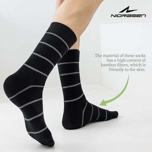 Image of Niorasen Men's Bamboo Rayon Dress Socks, 6 Pairs, Mid Calf | 90% bamboo rayon socks with breathable fabric and reinforced heel and toe; classic solid style for business and daily wear.