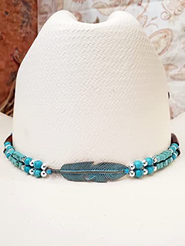Handmade Western Cowboy Hat Band With Turquoise And Silver Beads And Metal Feather #TOP4