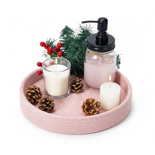 Image of BOBBINY Decorative Round Rope Tray for Decor - Rope Tray for Kitchen Dining Room Table - The Perfect Small Candle Serving Tray for Coffee Table and Home Decor (Baby Pink, 10x10 Inch (Pack of 1))