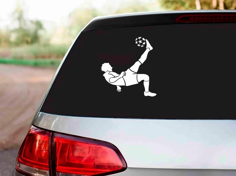 Football Player Car Auto Bumper Window Vinyl Sticker Decal - Soccer Athlete Decals for Sports Fans - Peel and Stick Player Silhouette Graphics White