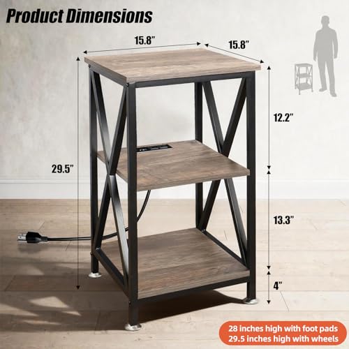 Image of Square End Table with Charging Station, 3-Tier End Table Living Room, 16 inch D X 16 inch W X 28 inch H, Wood and Metal Table with USB Ports and Outlets, Side Table with Wheels for Living Room, Bedroom, Grey
