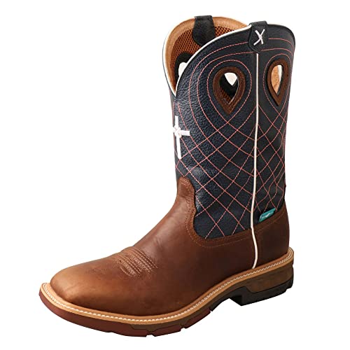 Twisted X Men's 12" Alloy Toe Waterproof Western Work Boot, Square Toe with CellStretch, Mocha & Navy, 12 D