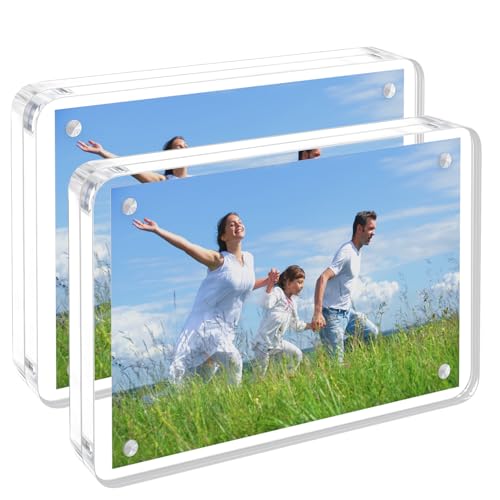 Lot de 2 cadres photo en acrylique - Coins arrondis - Double face - Magnétique - 12 + 12 mm d'épaisseur - Cadre photo transparent double face en acrylique