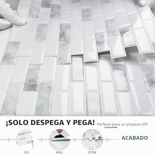 Miniatura 5 de Dewoo Cristal Autoadhesivos Azulejos Vinilo Adhesivo Baldosas 3d Relieve Pared Mármol Piedra Cocina Baño,10-Piezas 30.5 X 30.5cm