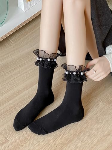 Image of CAT KO 2 Pairs Women Ankle Socks Lace Ruffle Frilly Pearl Soft Cotton Princess Girls socks for Lolita