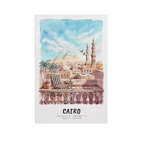 Poster Le Caire aquarelle AOJYLXE - Tableau de paysage urbain vintage pour salon en 60x90 cm