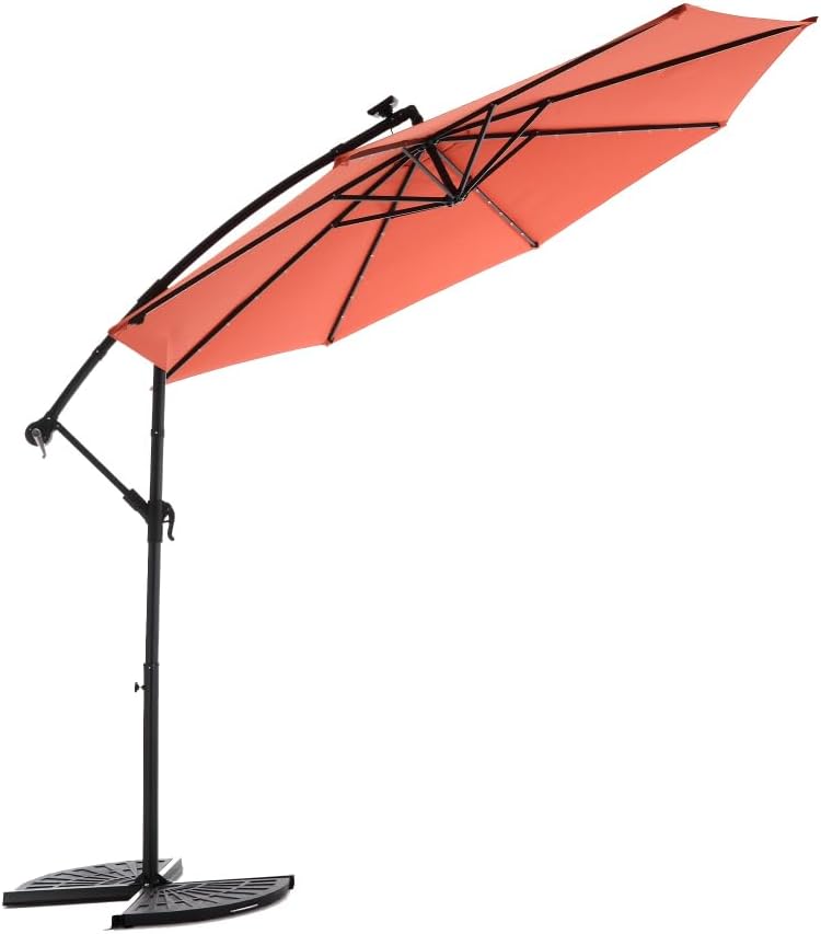 Elountik 10ft Solar LED Offset Hanging Market Patio Umbrella in Orange, No Base Included - Energy Efficient with Built-in Lights for Outdoor Shade