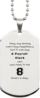 Payroll Clerk who Fake it for 8 Hours a Day, Funny Engraved Silver Dog Tag. Sarcasm Gifts for Boss, Coworkers, Friends