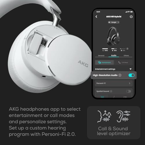 AKG N9 Hybrid Over-Ear Casque – Son cristallin sans Fil, True Adaptive Noise Cancelling, Qualité d’Appel certifiée Zoom, 100h d’autonomie, Bluetooth, USB-C, Blanc