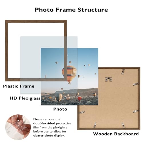 Image of JCJMY 12x12 inch Picture Frame, Horizontal and Vertical Formats for Wall Hanging, 12 x 12 Square Wall Gallery Poster Photo Frame with Shatter Resistant Plexiglass, Brown