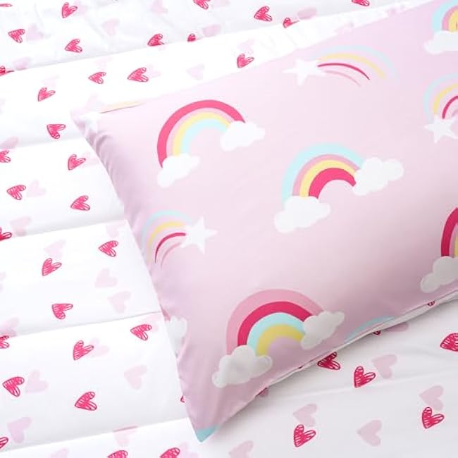 david's kids 4 Piece Toddler Bedding Set - Soft Breathable Toddler Bedding Set for Girls, Includes Quilted Comforter, Flat Sheet, Fitted Sheet and Pillowcase, Rainbow