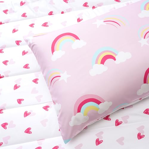Image of david's kids 4 Piece Toddler Bedding Set - Soft Breathable Toddler Bedding Set for Girls, Includes Quilted Comforter, Flat Sheet, Fitted Sheet and Pillowcase, Rainbow