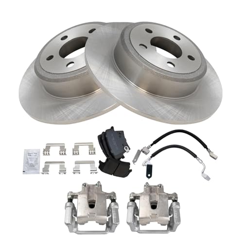 Image of TRQ Rear Brake Pad and Rotor Set Semi Metallic Solid Rotors Calipers Compatible with 2005-2018 Chrysler 300 2010-2015 Dodge Challenger 2006-2016 Charger 2005-2008 Magnum