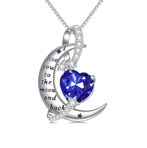 TOUPOP I Love You to The Moon and Back Necklace S925 Sterling Silver Heart Birthstone Necklace Birthday Christmas Jewelry Gifts for Women Wife Girlfriend
