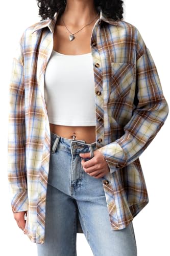 Image of CHYRII Womens Button Down Flannel Shirts Long Sleeve Plaid Shackets Business Casual Blouse Top