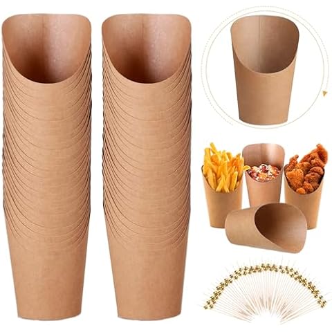 50 Pcs 14oz Charcuterie Cups with 200 Pcs Cocktail Picks, Disposable Kraft Paper Appetizer Cups for Various Parties, Baby Showers, Picnics - Charcuterie Cups with Sticks, Brown French Fry Holder Cups Cover