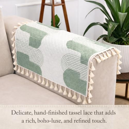 Image of STITCHNEST Printed Quilted Sofa Arm Cover with Tassels | Stylish Hand Rest Protector | Soft & Durable | 18 x 22 Inches