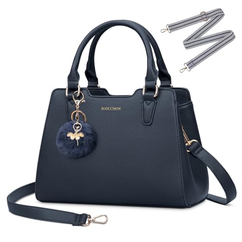 IGOLUMON Women's Top-Handle Handbags Vegan Leather Purses for Women Designer Tote Purse and Handbag with Pompom Satchel Bags for Women Ladies Waterproof Shoulder Bag Crossbody Fashion Blue