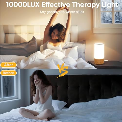 Caromolly Light Therapy Lamp, Happy Lamp 10,000 LUX UV Free with 3 Color Temperature & 5 Brightness Level, Full Spectrum Light Wood Base Round Flaxen Fabric Shade for Home, Office, 4" × 8.4” - Image 5