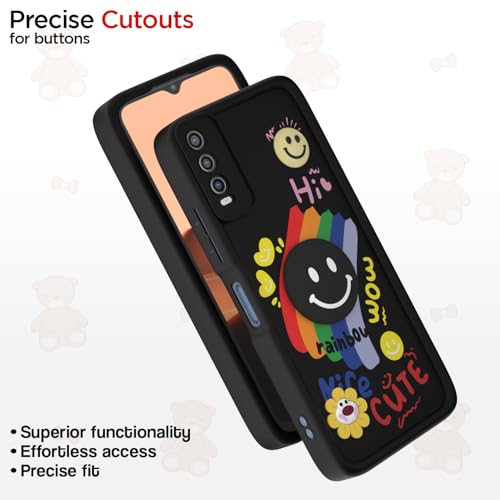 Image of Pikkme Back Cover for Vivo Y12s / Y20 / Y20i / Y20G | Soft Silicone| Cute Rainbow Smile & 3D Cartoon Flower Design | Shockproof Raised Camera Protection Bumper Case (Black)