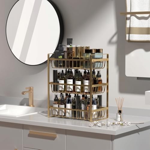 Image of 2 Tier Countertop Fruit and Vegetables Basket | Multipurpose Storage Organize Stand for Kitchen, Dining Table and Bathroom (3 Tier Gold)