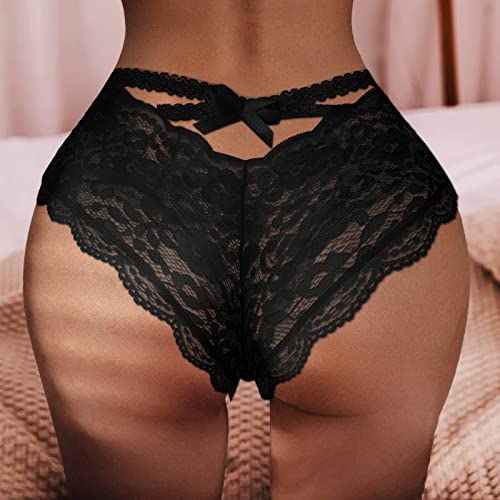 Sexy Panties For Women Naughty Slutty Plus Size Crochet Thong Lace V-Back Criss Cross Breathable Women's Underwear Hollow Out Charming Scallop Trim Strappy Lingerie For Women L Black #TOP1