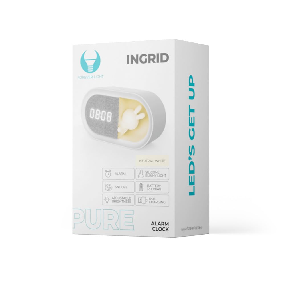 Forever Light Kinderwecker mit Nachtlicht FNL‑05 Ingrid | Digitaler Wecker mit 1200 mAh Akku & USB‑C | Geräuschlos | LED Häschen-Lampe | Für Kinderzimmer, Babyzimmer & Reisen – Weiß