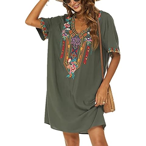 Higustar Mexican Embroidered Dress for Women Peasant Bohemian Floral Rayon Plus Size Traditional Boho Fiesta Dresse Green Cover