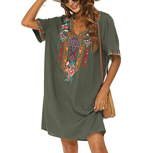 Higustar Women's Mexican Embroidered Dresses Peasant Bohemian Dress Fiesta Plus Size Boho Floral Hippie Skirts For Women Green #TOP2