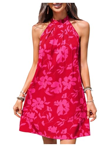 Floerns Womens Sleeveless Floral Print Sundress Halter Neck A Line Short Dress Pink and Red Medium