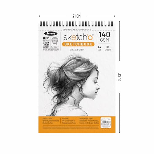 Image of Anupam Sketch-O A4 Sketchbook | 60 Sheets (120 Pages) | 140 GSM Acid-Free Drawing Paper | Professional-Grade Sheets | Top Spiral-Bound Sketch Pad for Artists & Professionals (Pack of 2)