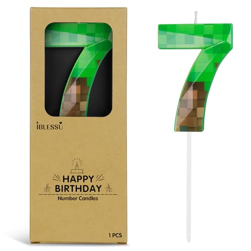 Pixel Birthday Candle 2.68 Inch Miner Number Candles Game Themed Candle Birthday Decoration for Pixel Theme Birthday Anniversary Dynamite Video Game Party (Green 7)