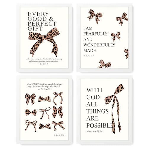 Image of LARTSFRO Coquette Leopard Bow Wall Art Decor Posters, Y2K Cheetah Leopard Bow Room Bedroom Bathroom Dorm Wall Art Decor Aesthetic for College Teen Girls Gifts, Inspirational Bible Verses Bow Wall Decor, 10x8 Inch Set of 4 Pcs Cheetah Bow Pictures (WHITE FRAMED)
