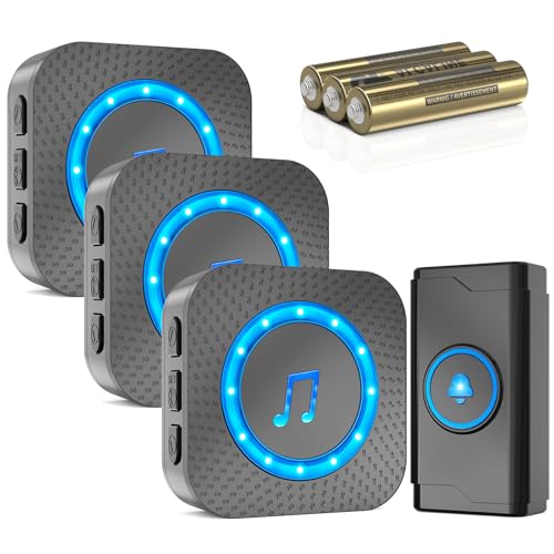 SURFOU Battery-powered Wireless Doorbell with 3 Receivers 1 Button,IP55 Waterproof Door bell,1300 FT/400M Remote Doorbell,55 Chimes 5 Volume,Flashing LED Light,110 db Loud Volume,For Home/Outdoor