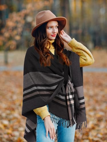 Image of Bestshe Women's Boho Open Front Poncho Plaid Shawl Wrap Cape | Tassel Cardigan Sweater, Cozy Layering, Fall Winter Clothes for Women