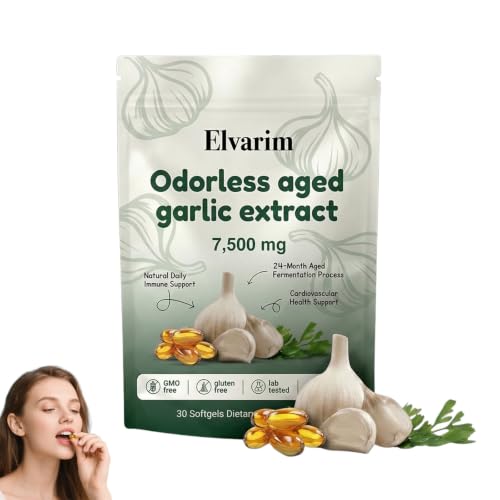 Elvarim Odorless Aged Garlic Extract Capsules 7500mg - 30 Count 24 Month Aged Garlic Extract Antioxidant Supplement Vegetarian- 2026 New(1pc)